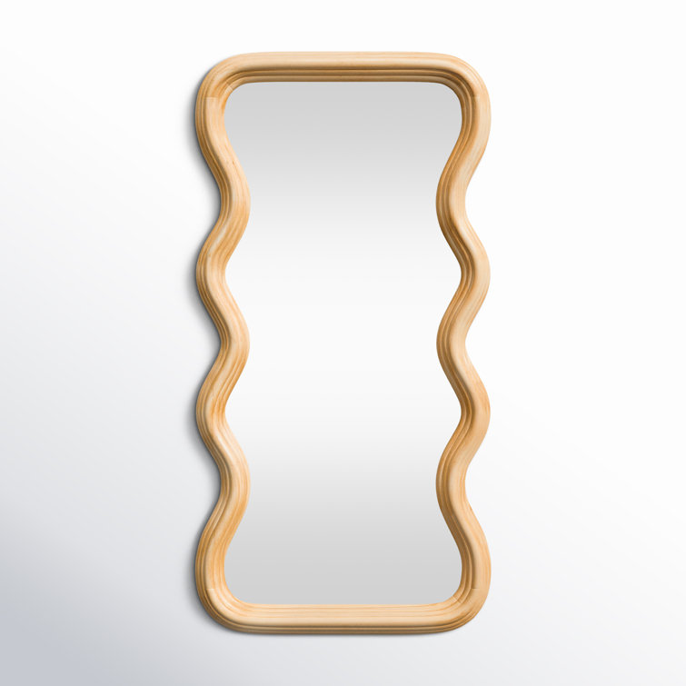 Wavy Poplar Wood Asymmetrical Wall Mirror in Natural Brown