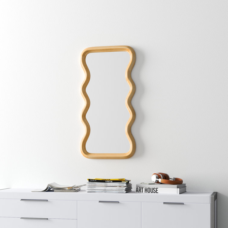 Wavy Poplar Wood Asymmetrical Wall Mirror in Natural Brown