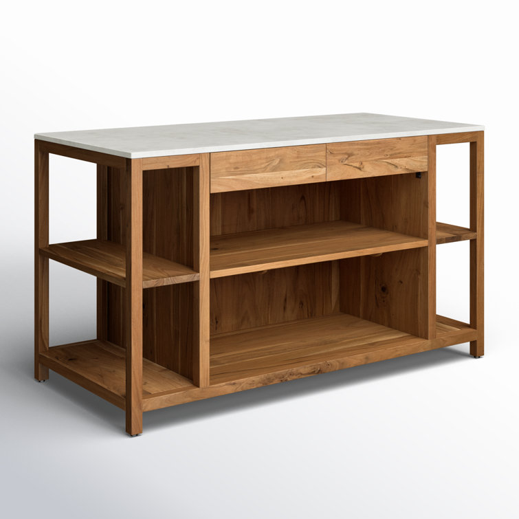 Smoked Acacia and White Marble Kitchen Island with Shelves