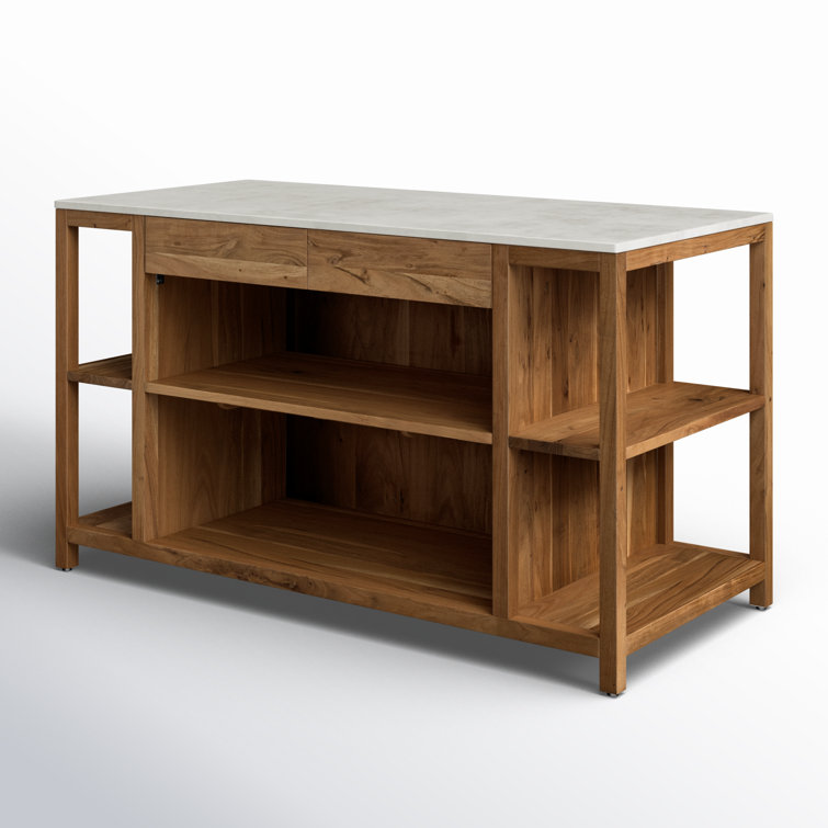 Smoked Acacia and White Marble Kitchen Island with Shelves