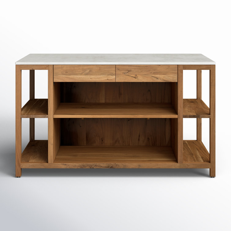 Smoked Acacia and White Marble Kitchen Island with Shelves