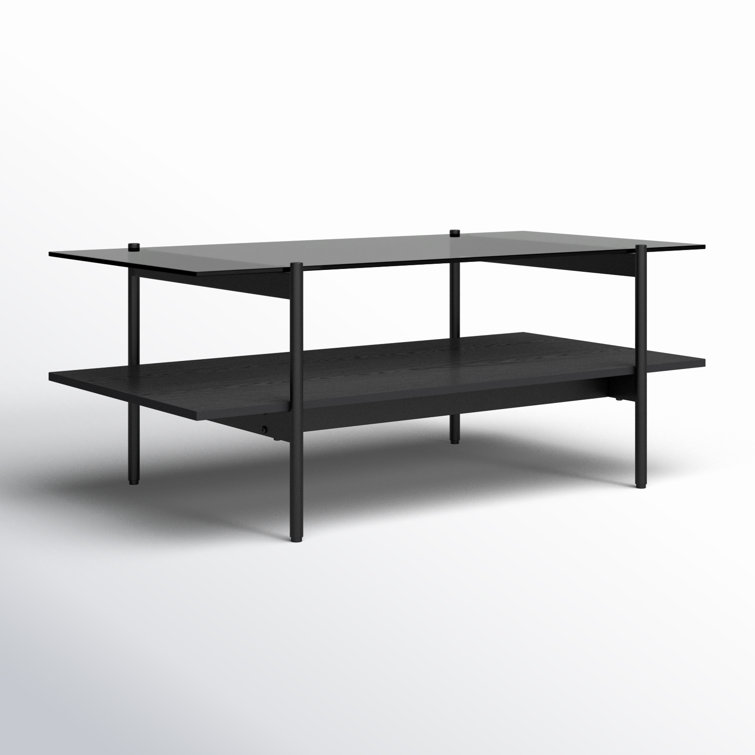 Emani Black Glass Rectangular Coffee Table with Storage Shelf