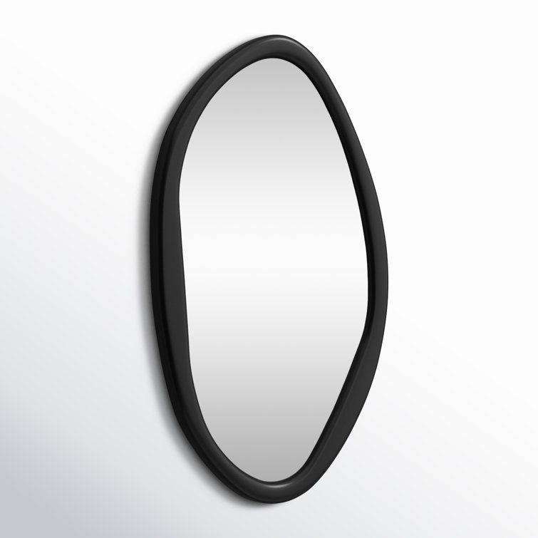Asymmetrical Black Glass Wall Mirror with Wood Frame