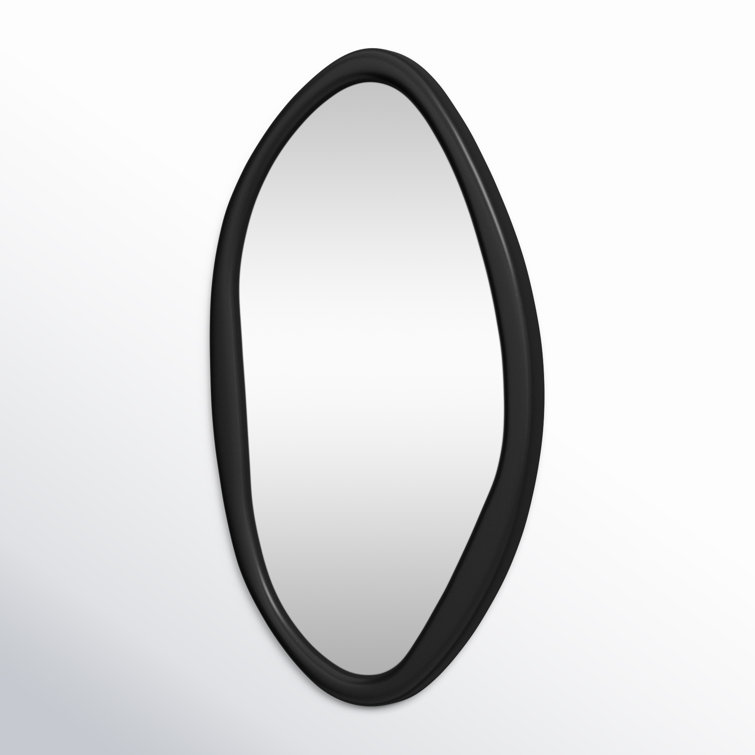 Asymmetrical Black Glass Wall Mirror with Wood Frame
