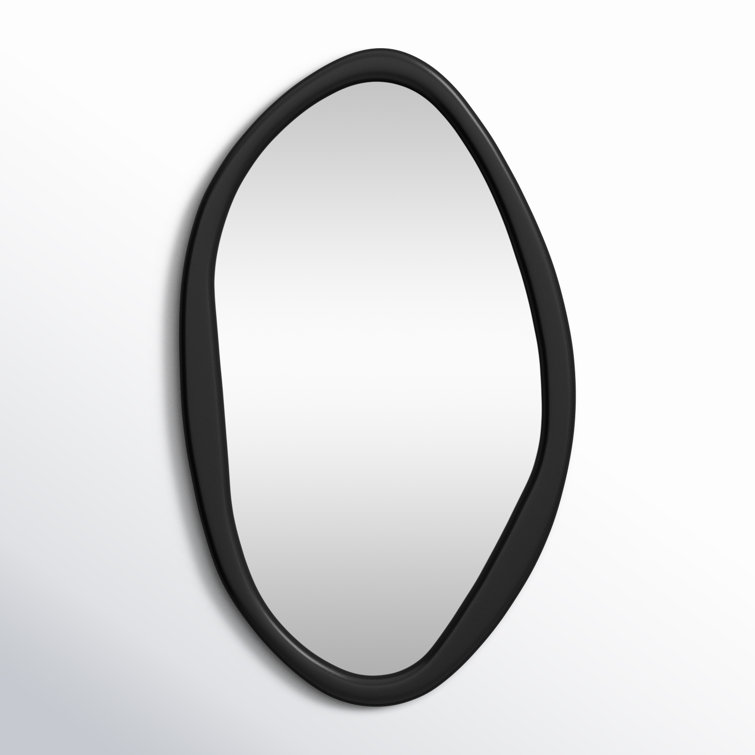 Asymmetrical Black Glass Wall Mirror with Wood Frame