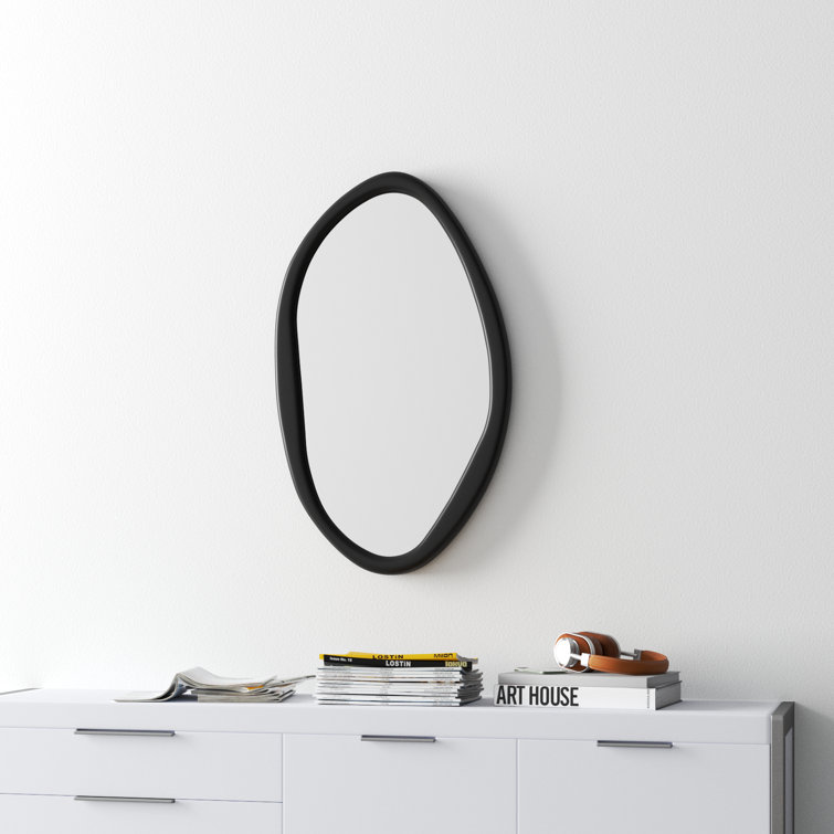 Asymmetrical Black Glass Wall Mirror with Wood Frame