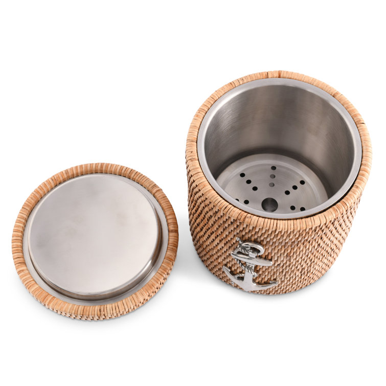Hand-Woven Rattan Ice Bucket with Pewter Anchor Accent