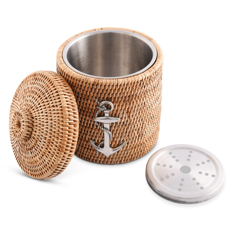 Hand-Woven Rattan Ice Bucket with Pewter Anchor Accent
