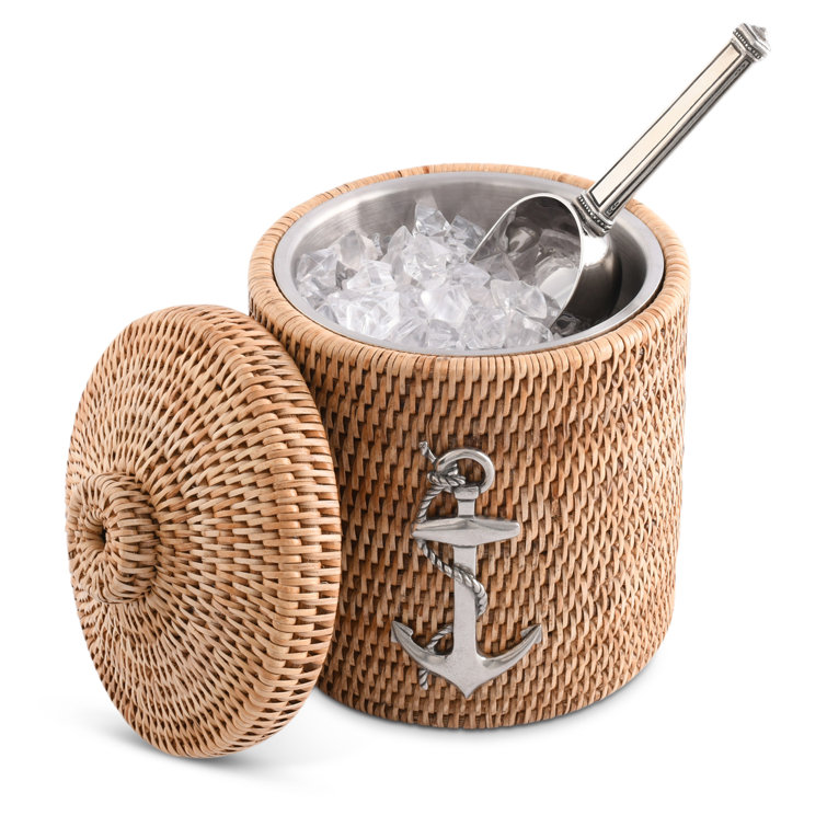 Hand-Woven Rattan Ice Bucket with Pewter Anchor Accent