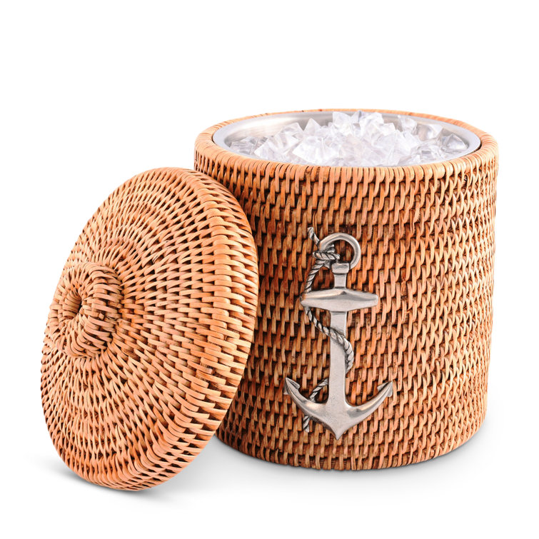 Hand-Woven Rattan Ice Bucket with Pewter Anchor Accent