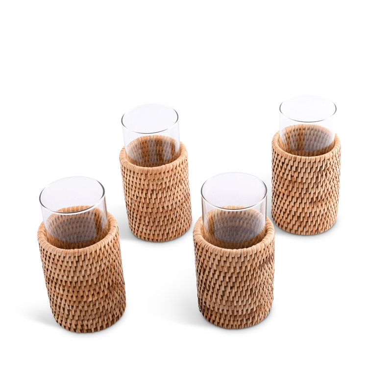 Handwoven Rattan Wrapped Clear Glass Tumblers Set of 4
