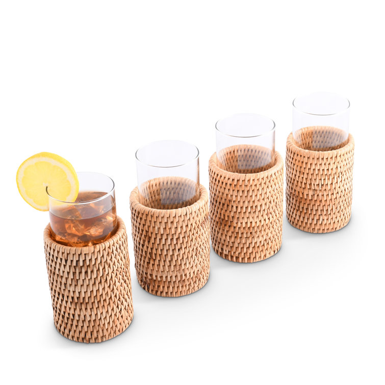 Handwoven Rattan Wrapped Clear Glass Tumblers Set of 4