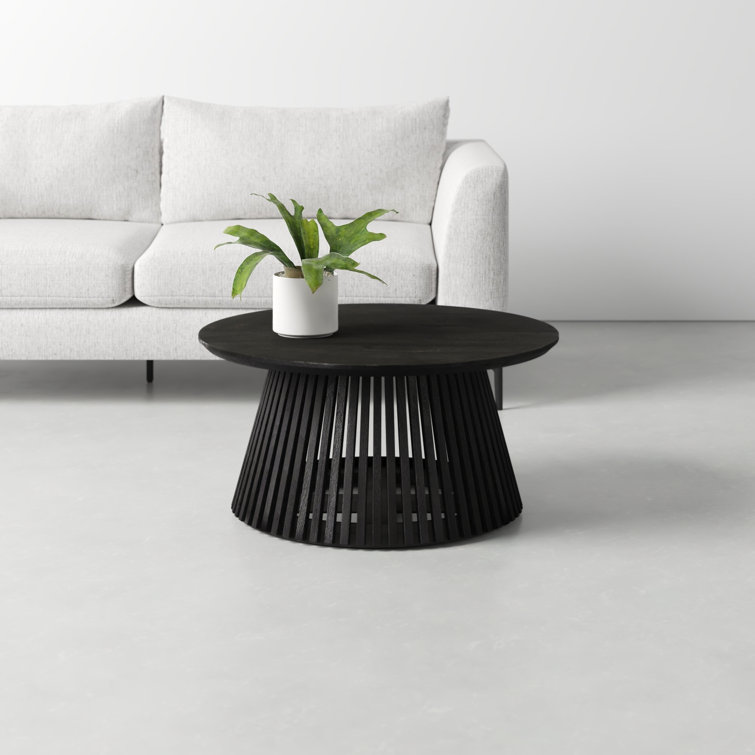 Jet Black Round Solid Wood Coffee Table with Slatted Base