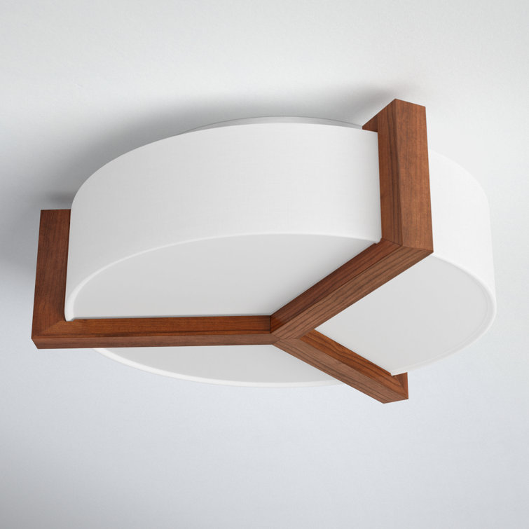 Walnut & Brushed Nickel LED Drum Flush Mount with White Linen Shade