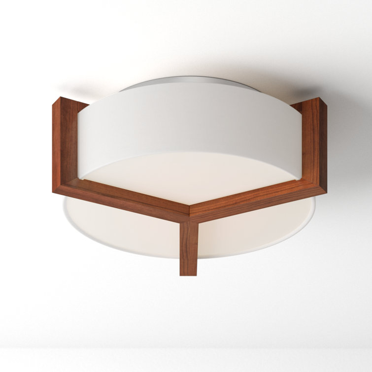 Walnut & Brushed Nickel LED Drum Flush Mount with White Linen Shade