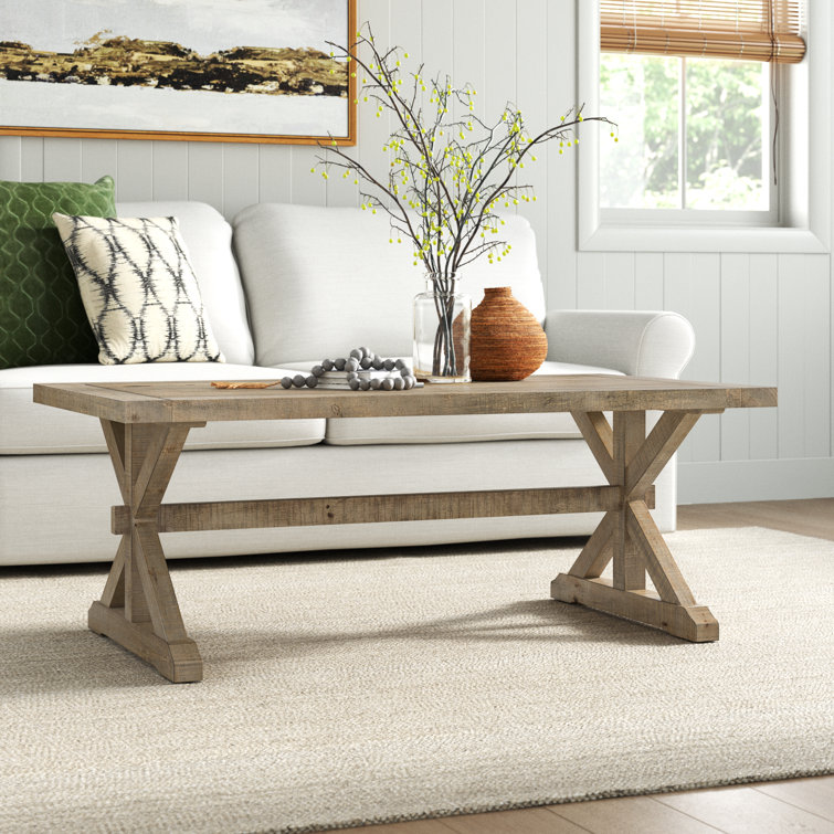 Transitional Trestle Base Rectangular Coffee Table in Distressed Pine