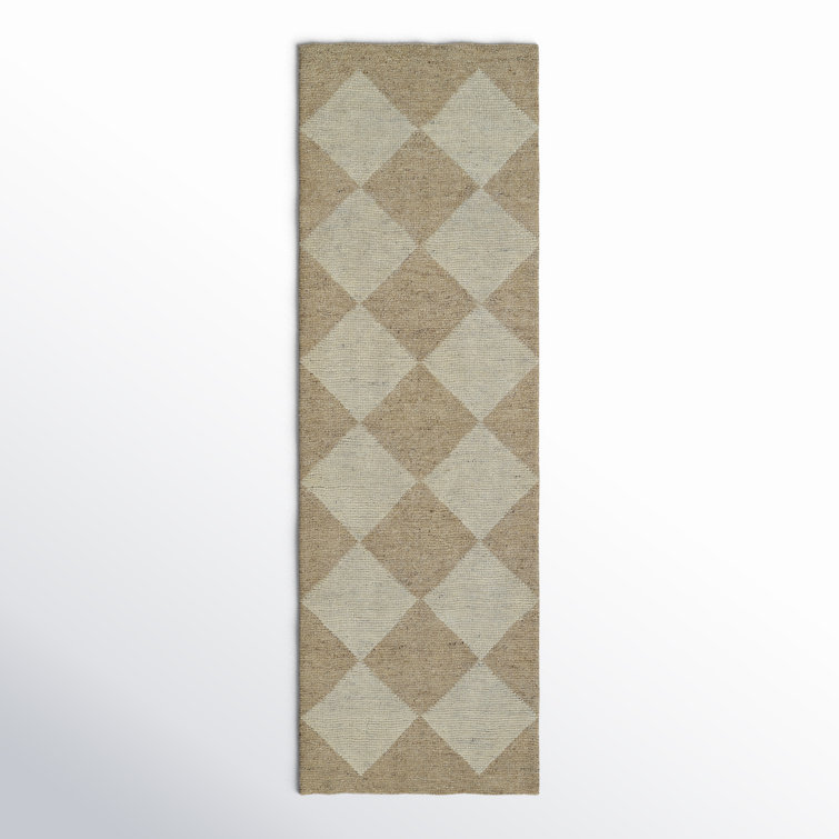 Beige and Off-White Wool Geometric Hand-Knotted Runner Rug