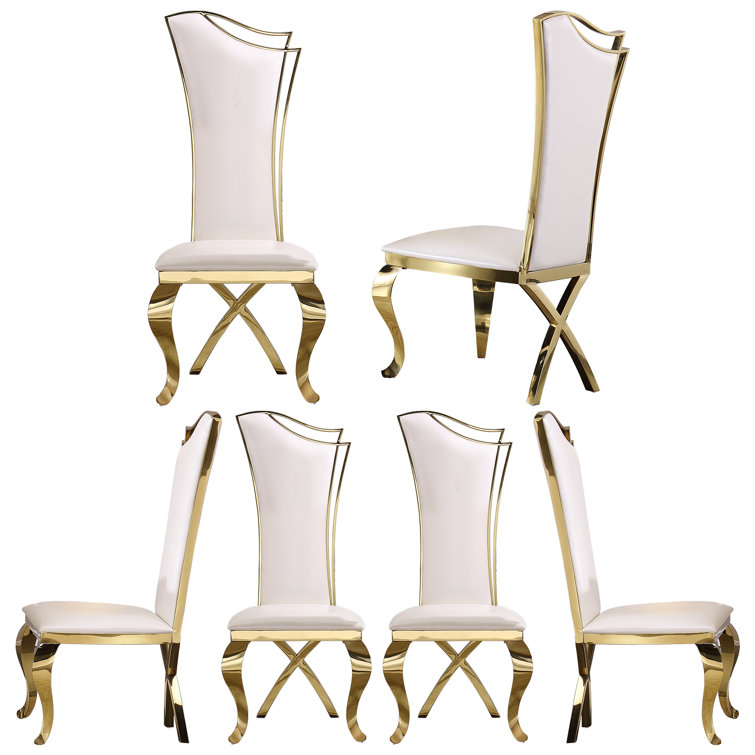 White Faux Leather and Gold Metal Parsons Dining Chairs Set of 6