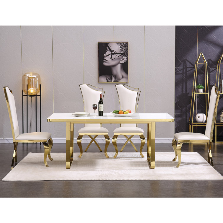White Faux Leather and Gold Metal Parsons Dining Chairs Set of 6