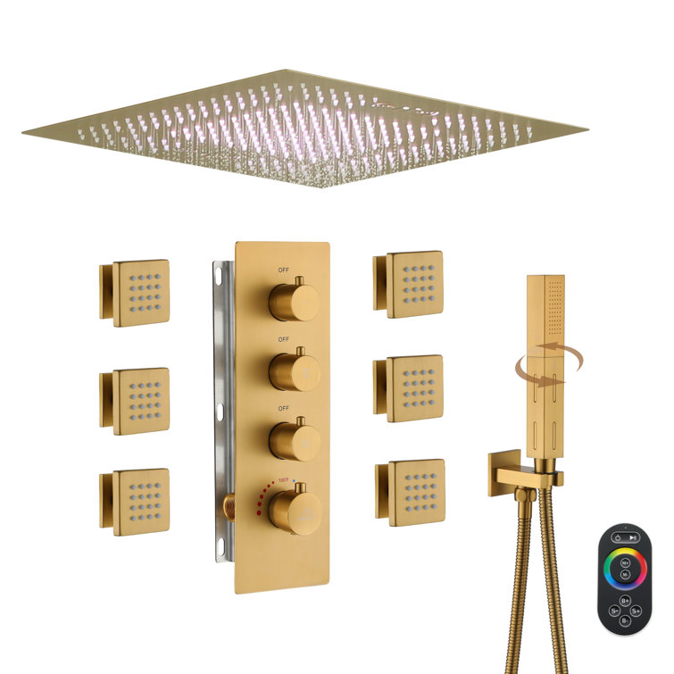 Brushed Gold Large LED Rainfall Shower System with Handheld and Music