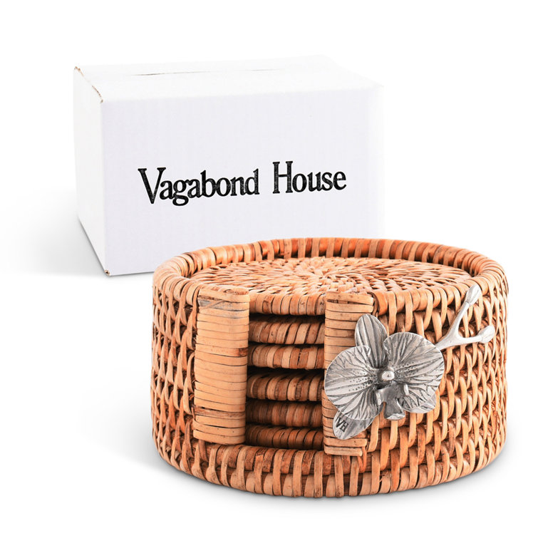 Hand-Woven Wicker Rattan Round Coaster Set with Pewter Orchid Holder