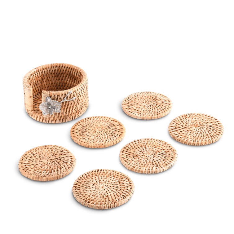 Hand-Woven Wicker Rattan Round Coaster Set with Pewter Orchid Holder