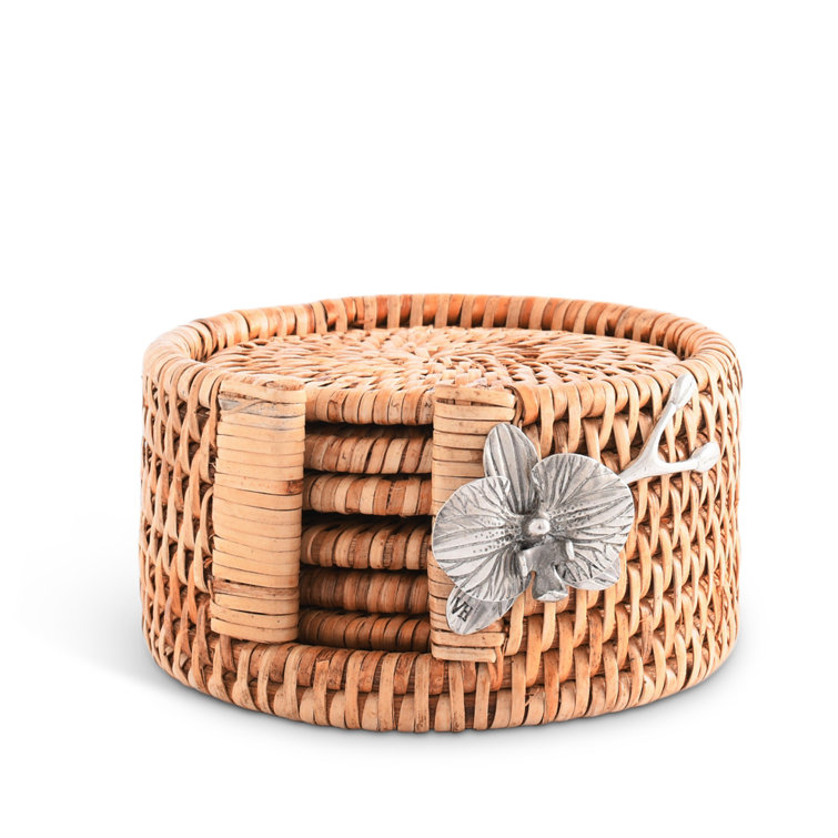Hand-Woven Wicker Rattan Round Coaster Set with Pewter Orchid Holder