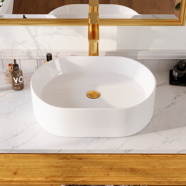 White Ceramic Rectangular Above-Counter Bathroom Vessel Sink