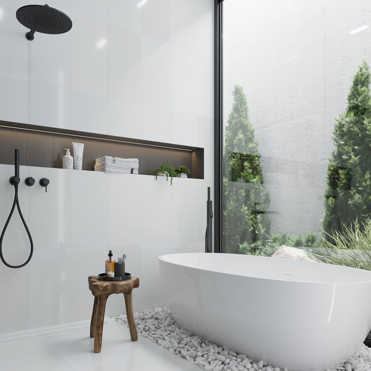 24" x 12" Polished White Marble Look Wall & Floor Tile