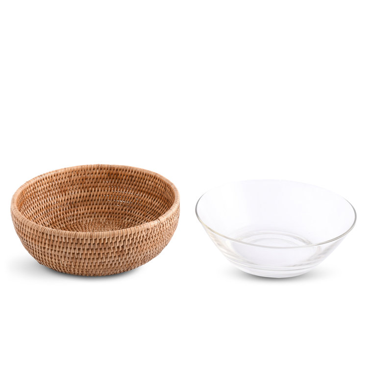 Handmade Round Rattan and Glass Serving Bowl