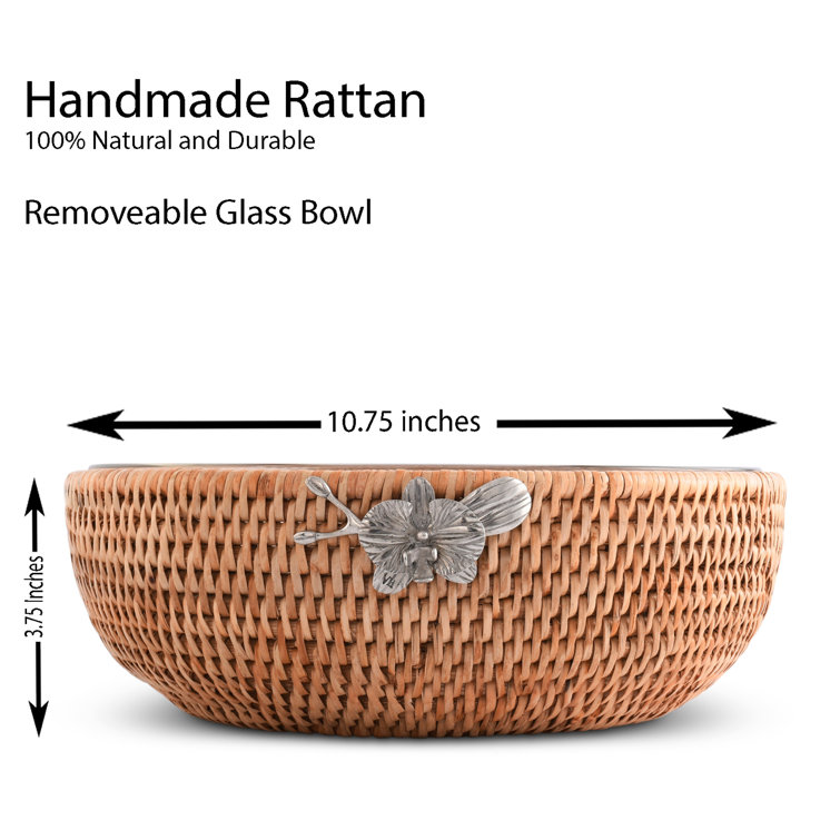Handwoven Rattan and Glass Round Serving Bowl with Pewter Orchid