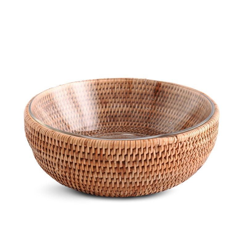 Handmade Round Rattan and Glass Serving Bowl