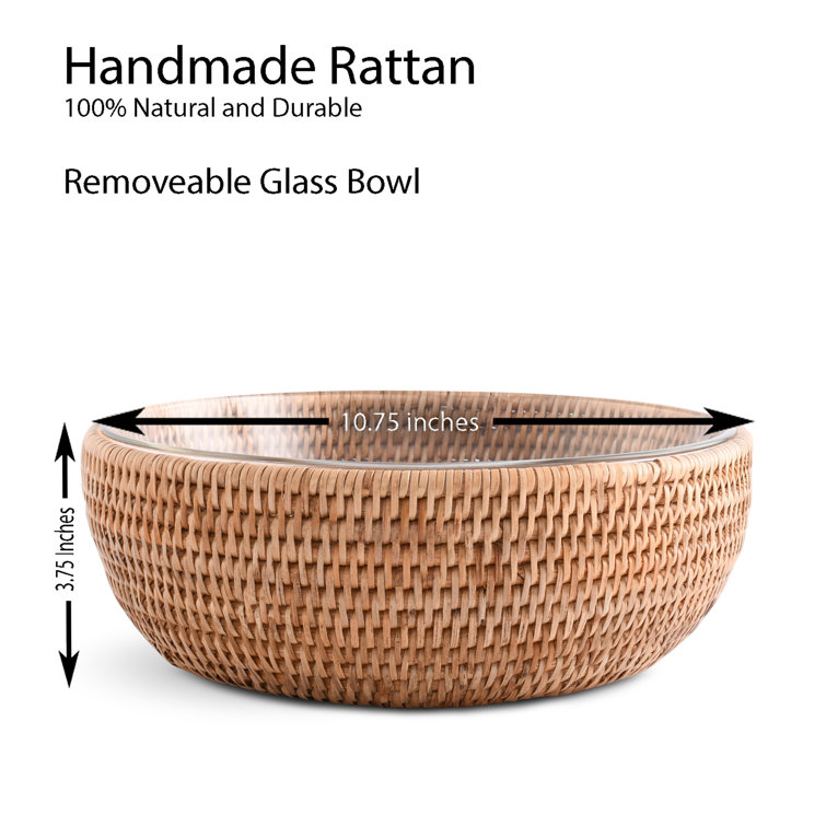 Handmade Round Rattan and Glass Serving Bowl