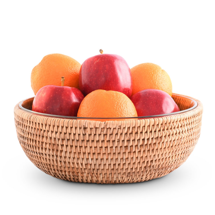 Handmade Round Rattan and Glass Serving Bowl