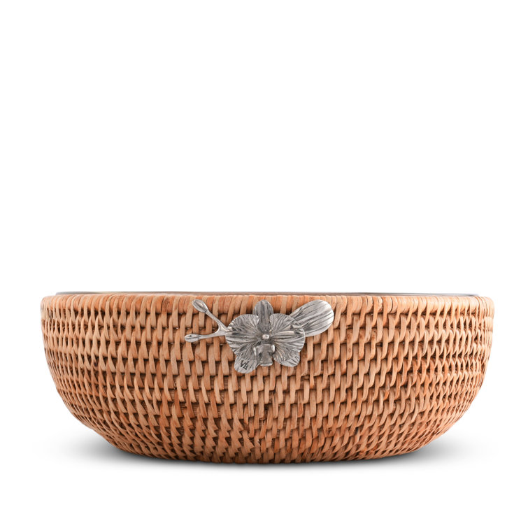 Handwoven Rattan and Glass Round Serving Bowl with Pewter Orchid