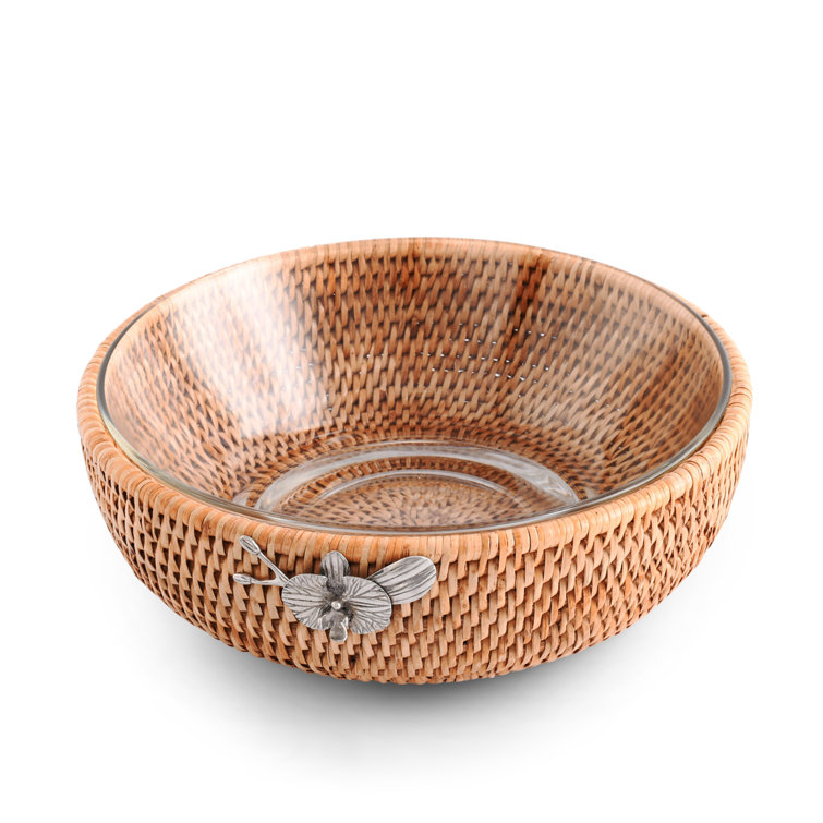 Handwoven Rattan and Glass Round Serving Bowl with Pewter Orchid