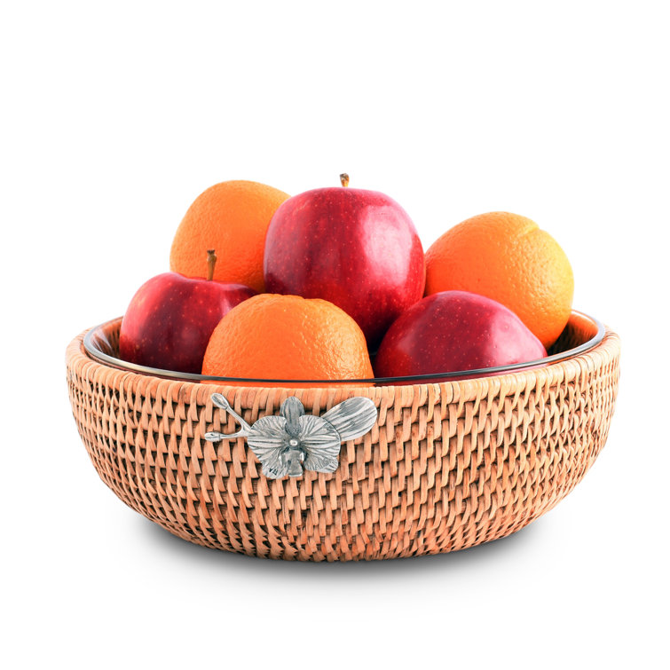 Handwoven Rattan and Glass Round Serving Bowl with Pewter Orchid