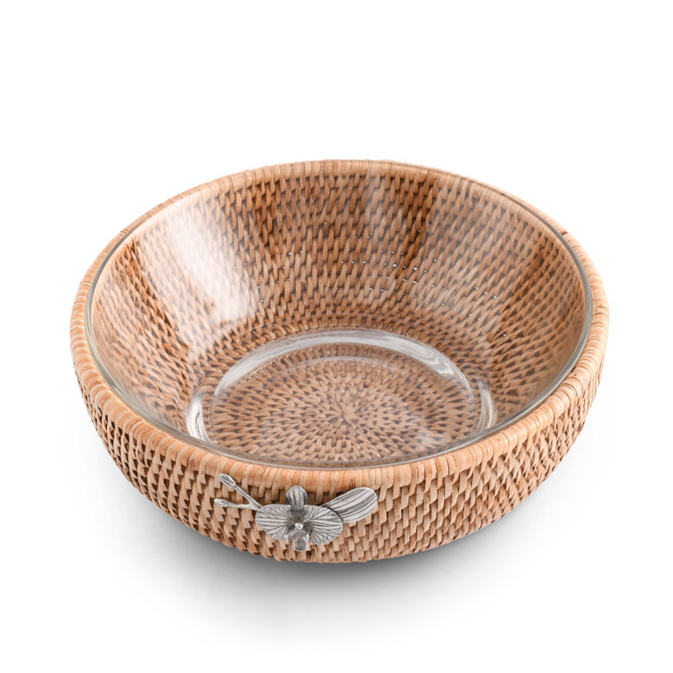 Handwoven Rattan and Glass Round Serving Bowl with Pewter Orchid