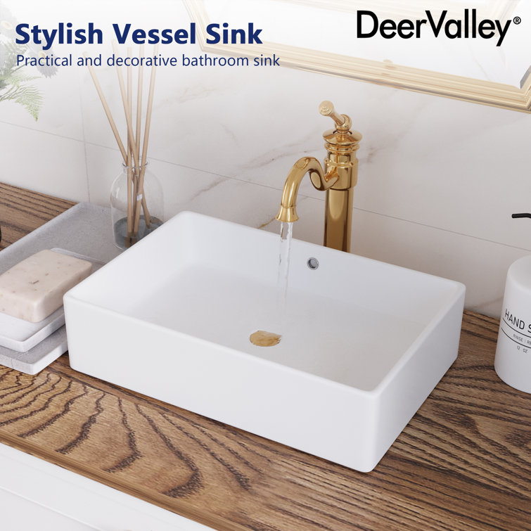 DeerValley 20" White Ceramic Rectangular Vessel Sink with Overflow