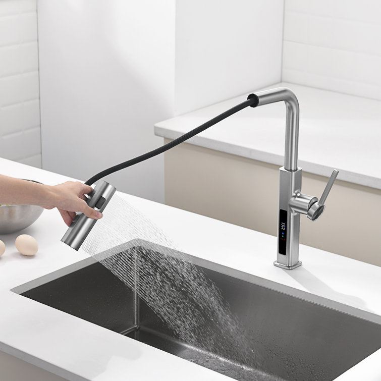 Brushed Nickel Pull-Out Waterfall Kitchen Faucet with Temperature Display