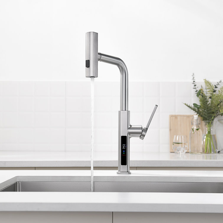 Brushed Nickel Pull-Out Waterfall Kitchen Faucet with Temperature Display