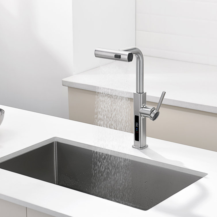 Brushed Nickel Pull-Out Waterfall Kitchen Faucet with Temperature Display