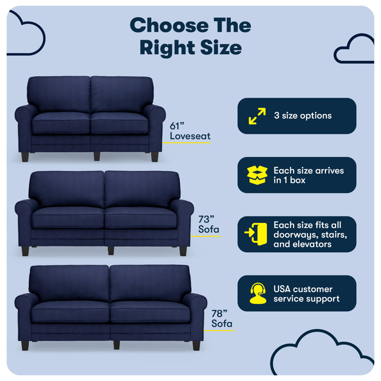 Navy Blue 73" Plush Rolled Arm Sofa with Wood Frame and Pillow Back