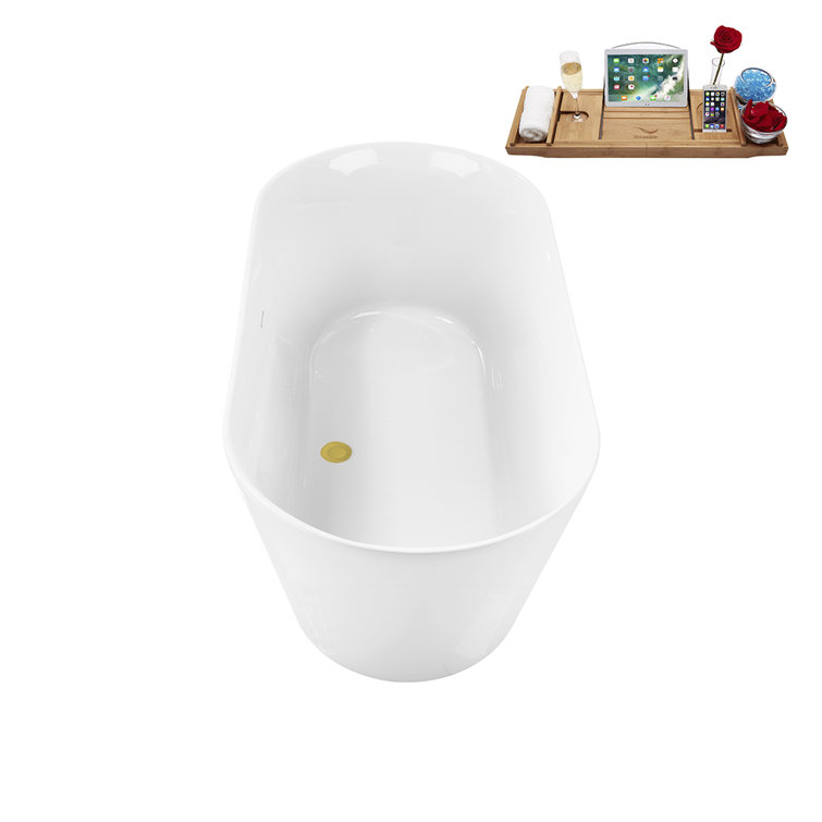 59.1'' Glossy White Freestanding Acrylic Soaking Bathtub with Brushed Gold Drain