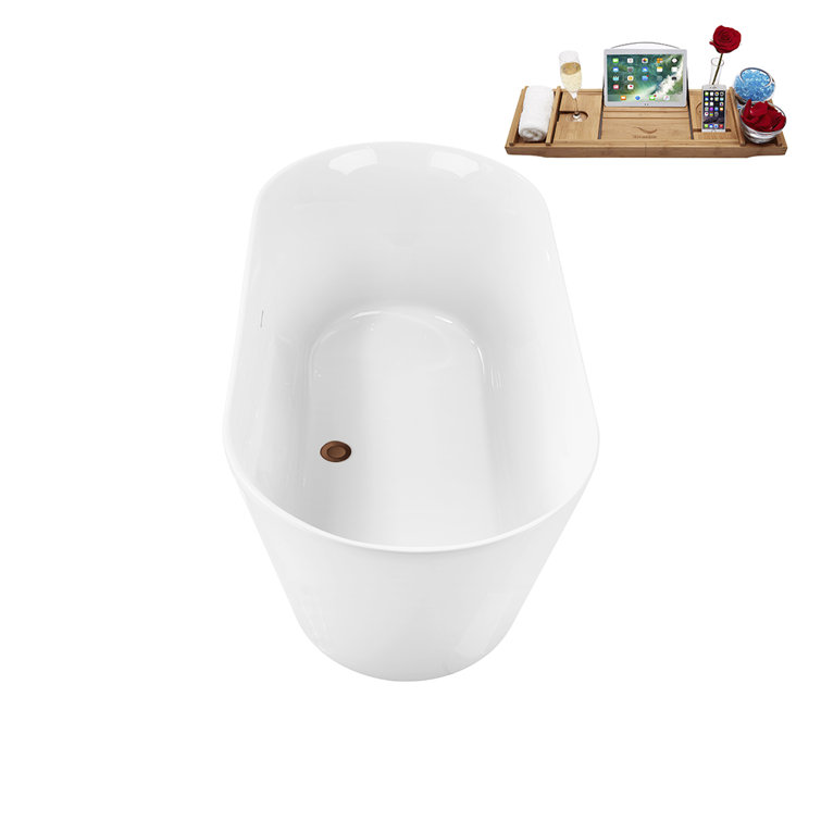 59.1'' White Acrylic Freestanding Soaking Bathtub with Tray