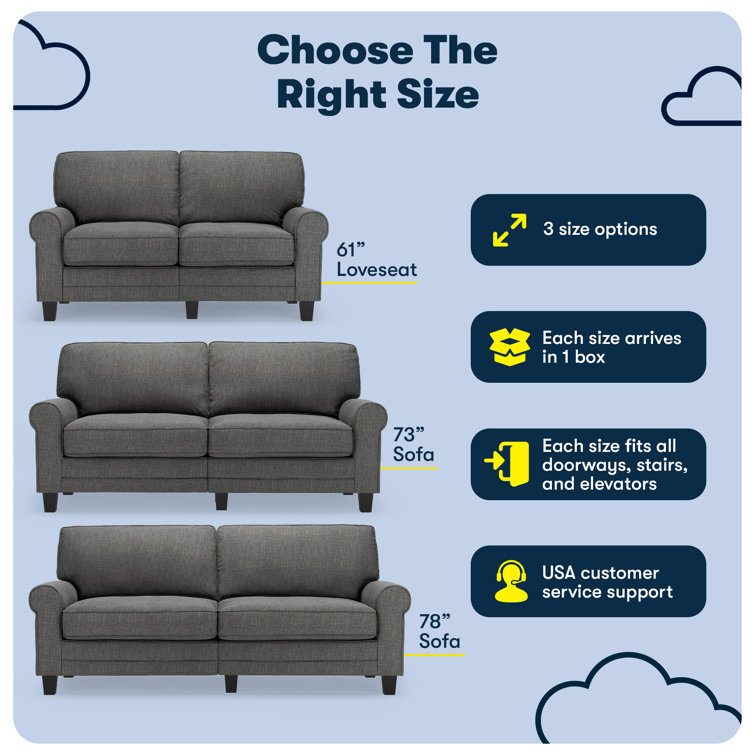 Gray Fabric Rolled Arm Sofa with Removable Cushions