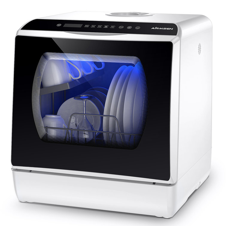 Compact White and Black Portable Countertop Dishwasher with Built-in Water Tank