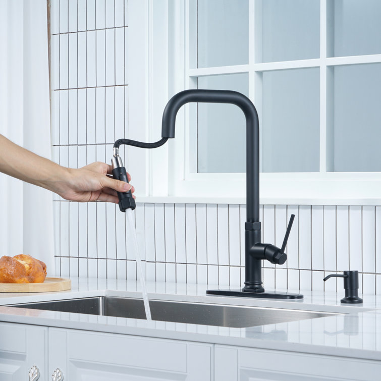 Matte Black Stainless Steel Pull-Out Spray Kitchen Faucet with Soap Dispenser