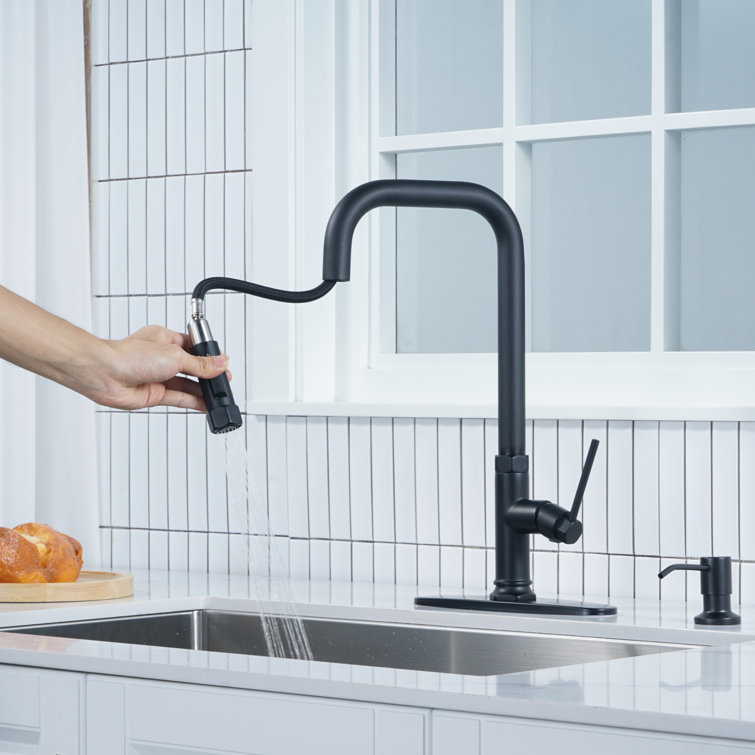 Matte Black Stainless Steel Pull-Out Spray Kitchen Faucet with Soap Dispenser