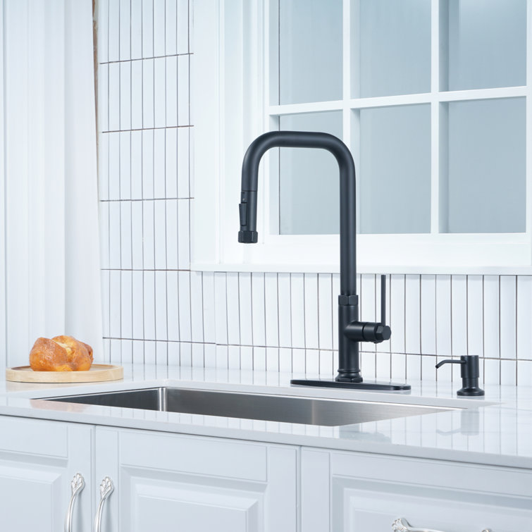 Matte Black Stainless Steel Pull-Out Spray Kitchen Faucet with Soap Dispenser